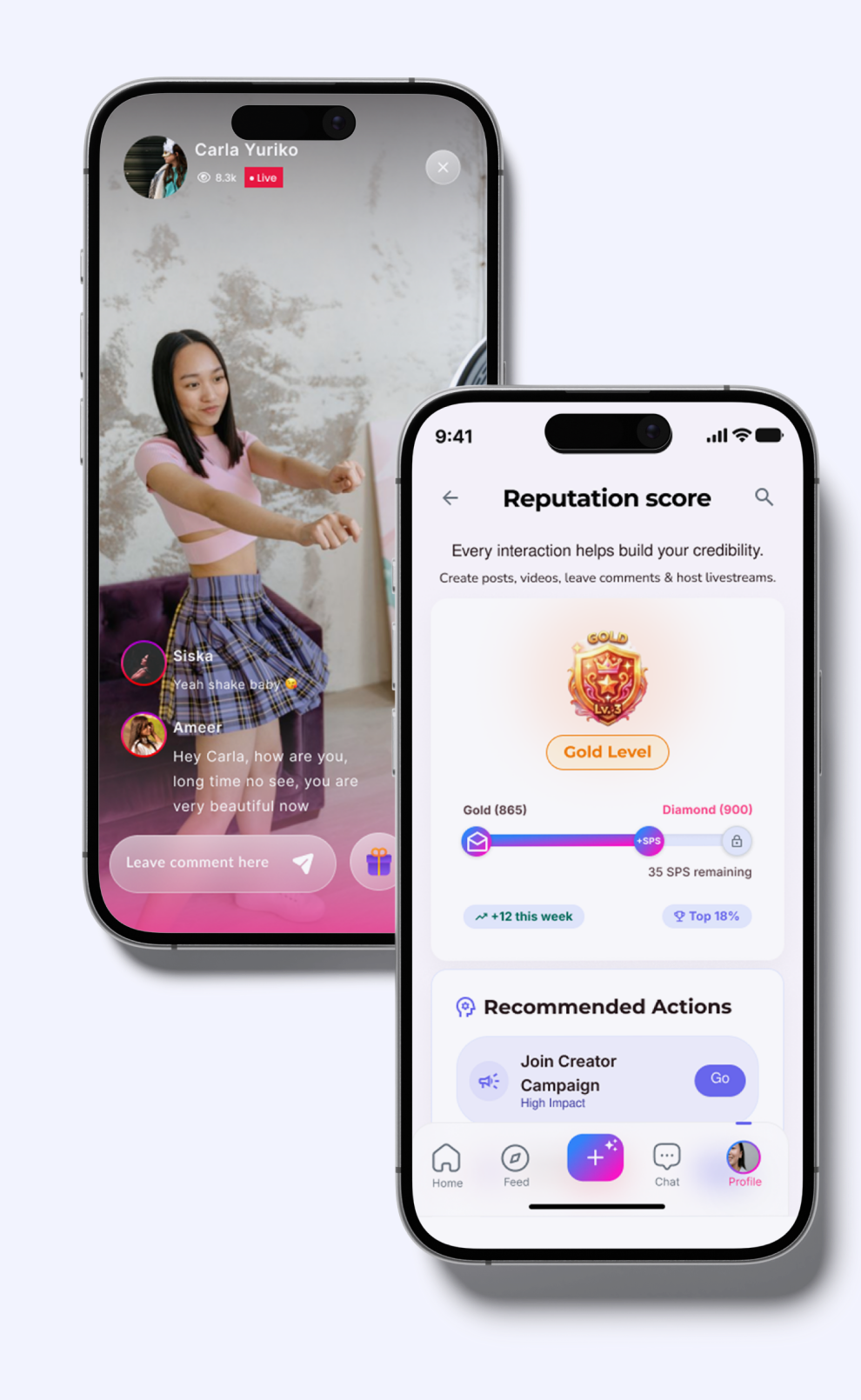 Soei community feed on mobile showing reputation interactions